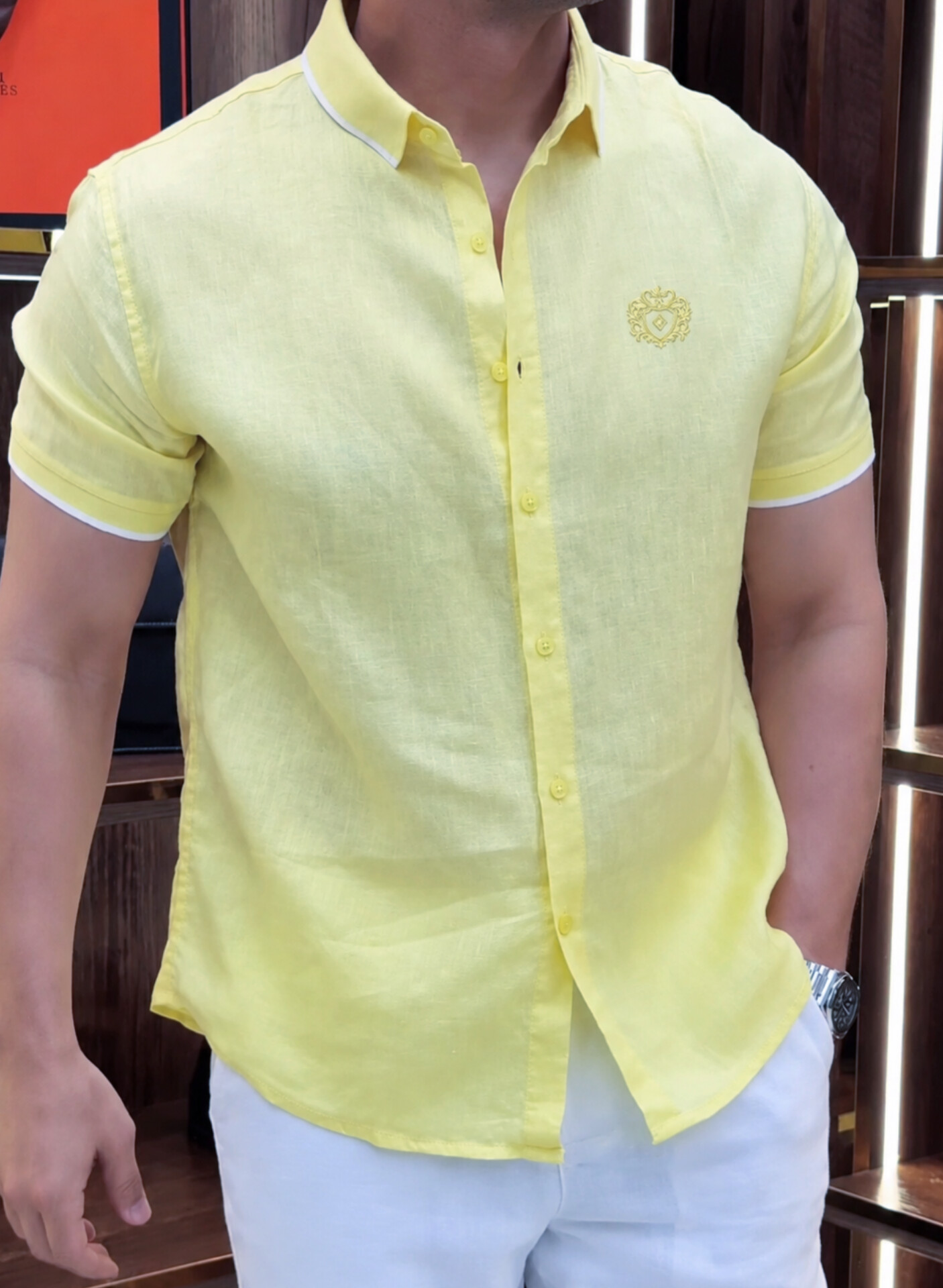 Linen Rimi Rib Style Half Shirt – Pastel Yellow - Image 5